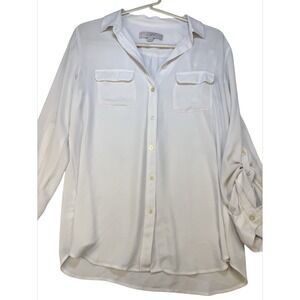 LOFT Womens Ivory Button Front Blouse Size Small Long Sleeve Pocket Shirt